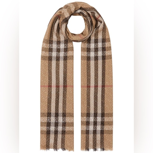 New Burberry Check motif TB monogram wool and silk blend scarf - Picture 1 of 11